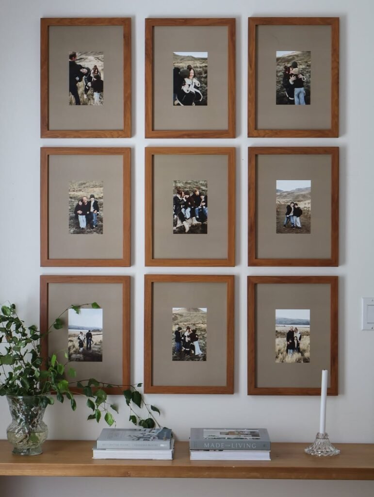 Gallery wall with wooden frames