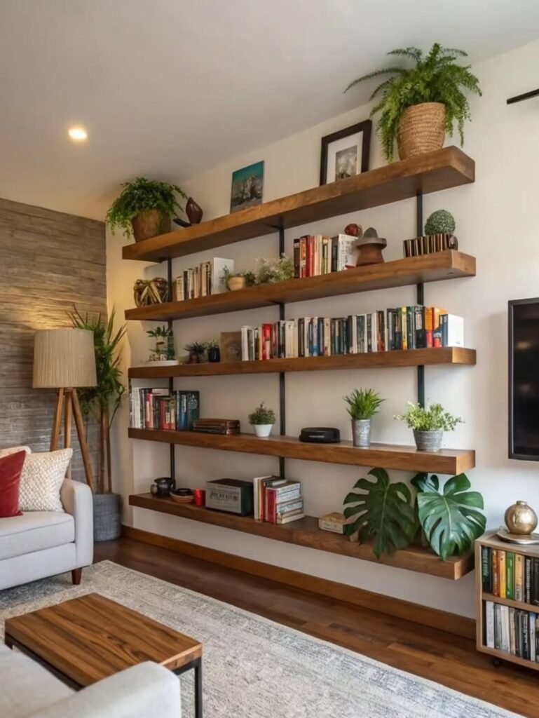 Floating shelves in a living room