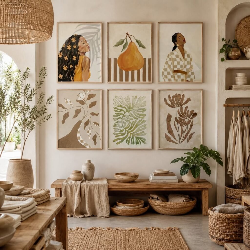Framed art prints on a wall