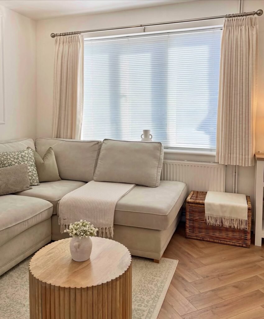 Living room with ivory linen curtains